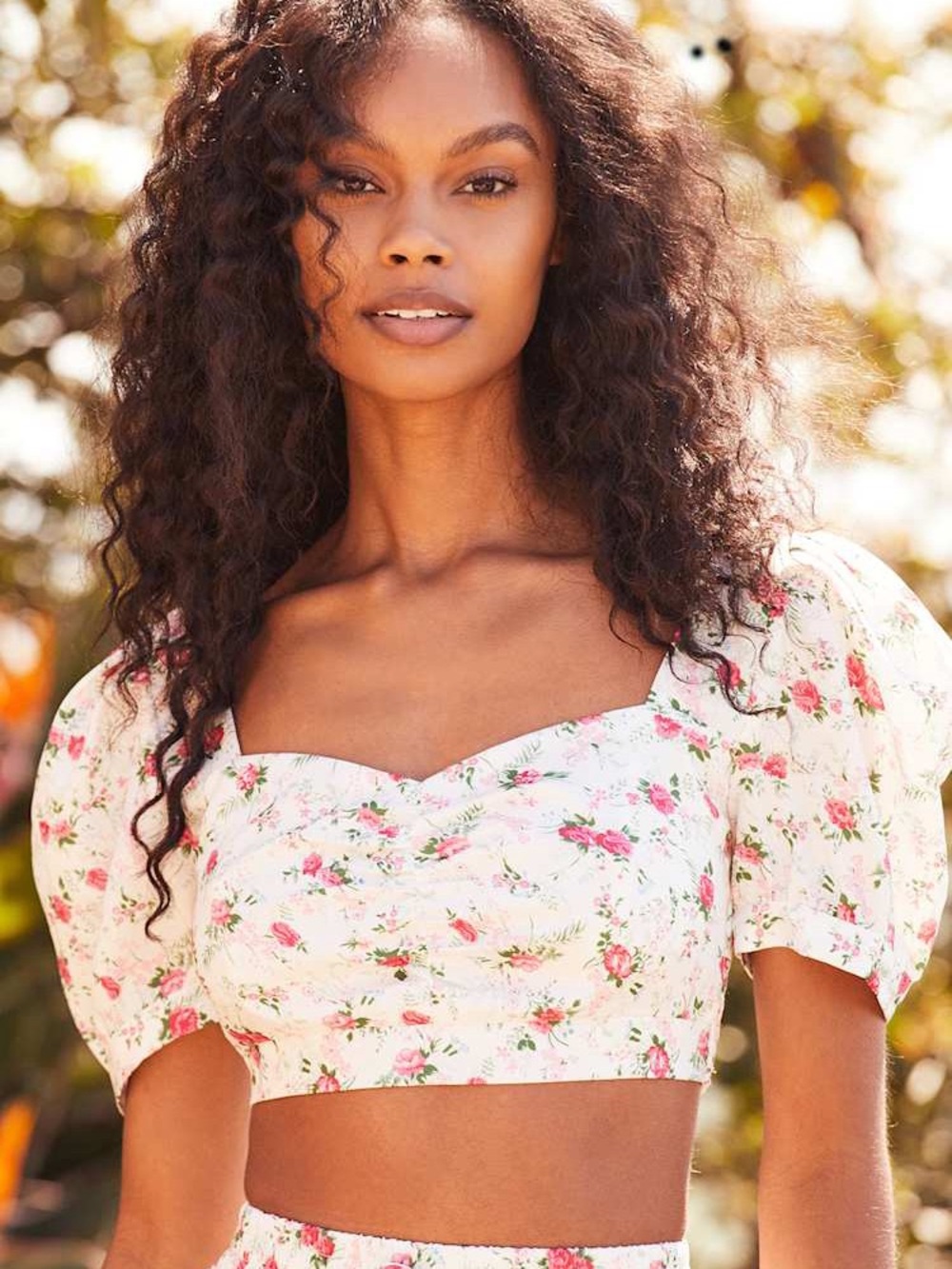 Cute Factor White Floral Print Puff Sleeve Crop Top – Size Large